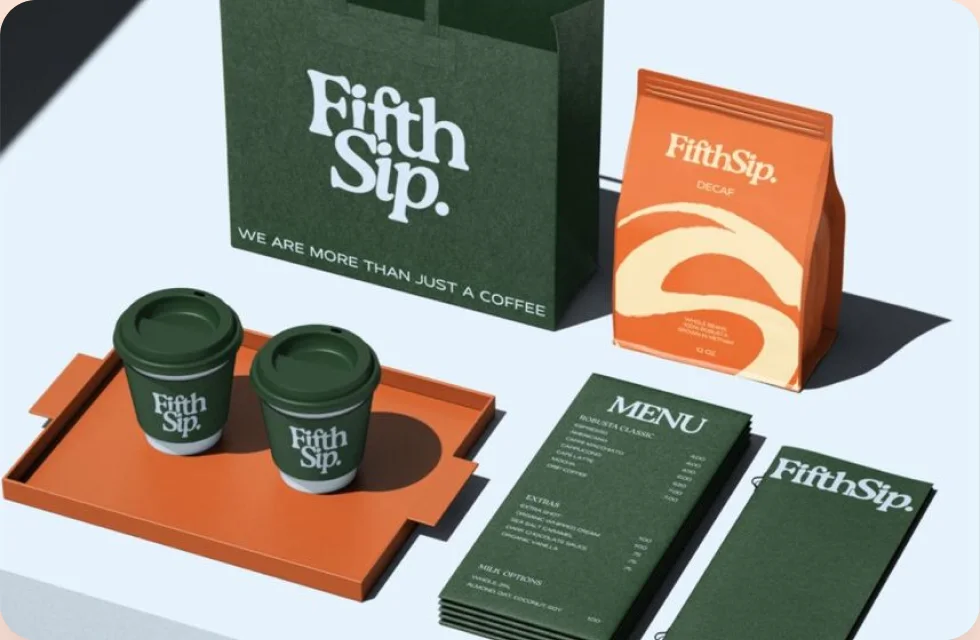 Fifth Sip coffee identity applied to cups, a tray, a bag, a coffee pouch and menus