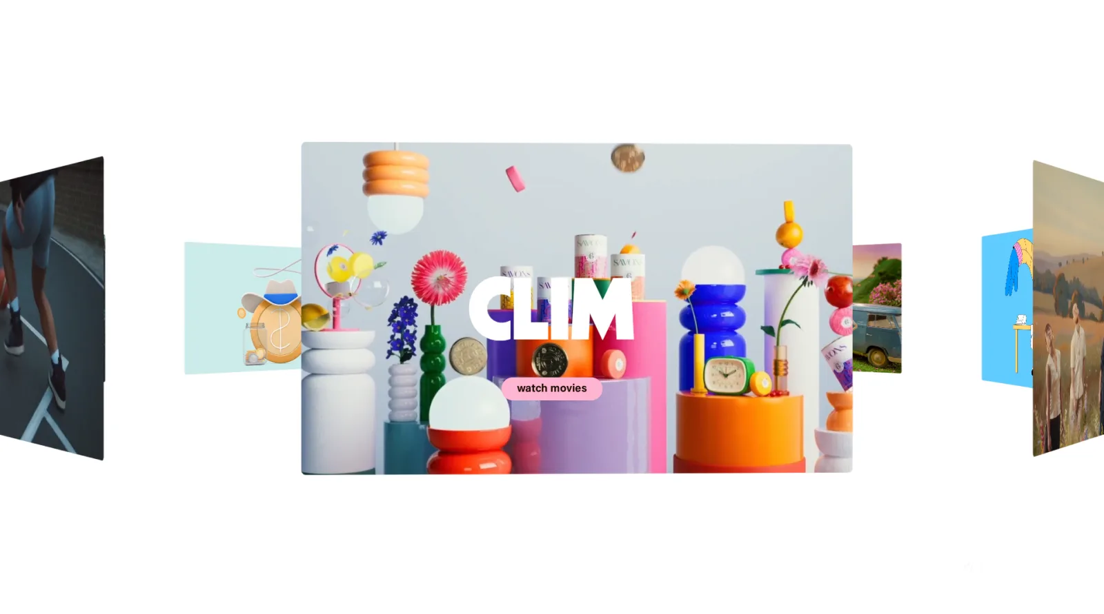 Colourful 3D campaign artwork for “Clim” shown as a carousel of panels