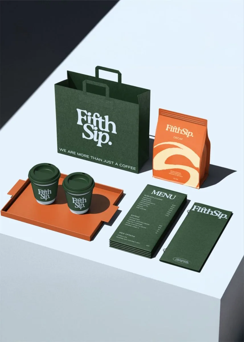 Fifth Sip coffee brand identity on cups, bags and menus