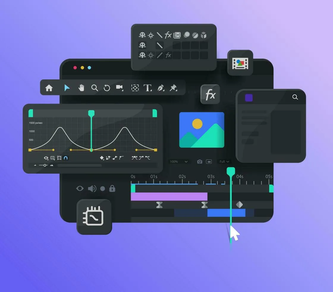 A motion design timeline with keyframe curves and floating editing panels